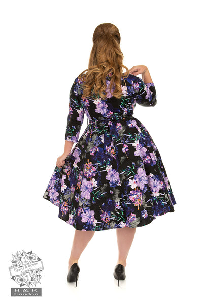 H&R London 50's Faye Purple Floral 3 Quarter Sleeve Swing Dress Back