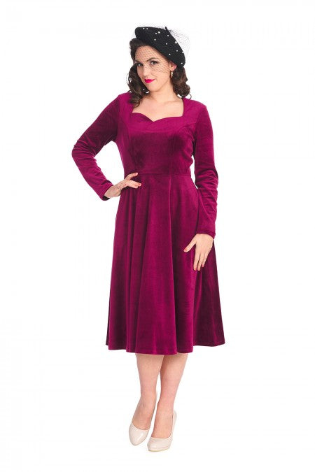 A Royal Evening Velvet Long Sleeve Swing Dress In Aubergine Purple