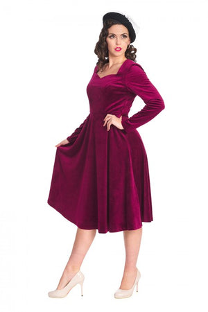 A Royal Evening Velvet Long Sleeve Swing Dress In Aubergine Purple