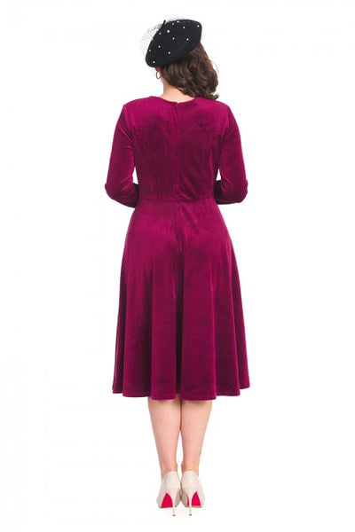 A Royal Evening Velvet Long Sleeve Swing Dress In Aubergine Purple