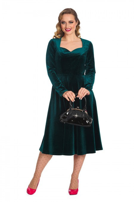 A Royal Evening Velvet Long Sleeve Swing Dress In Dark Green