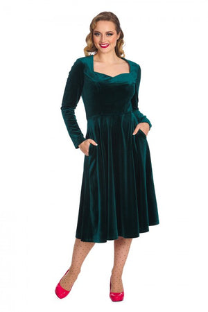 A Royal Evening Velvet Long Sleeve Swing Dress In Dark Green