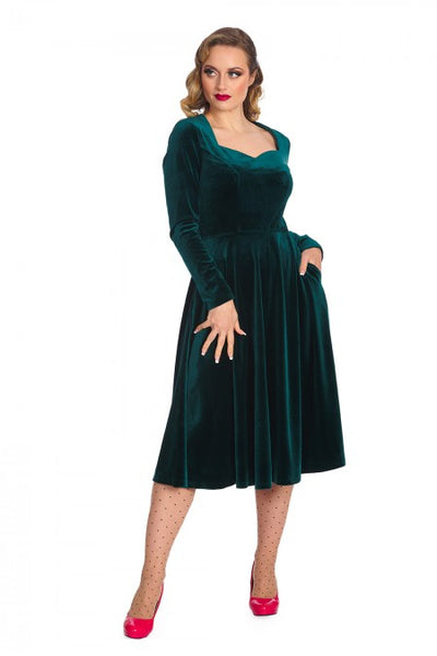 A Royal Evening Velvet Long Sleeve Swing Dress In Dark Green