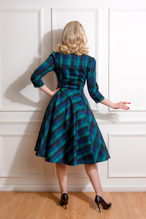 Louisa 1950s Blue Check 3 Quarter Sleeve Swing Dress