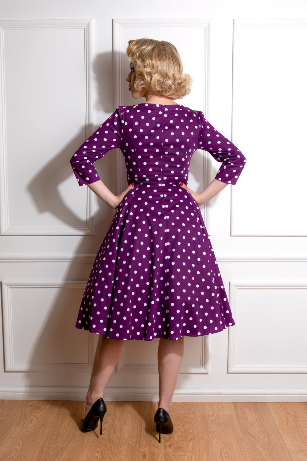 Madalyn 1950s 3 Quarter Sleeve Purple Polka Dot Swing Dress