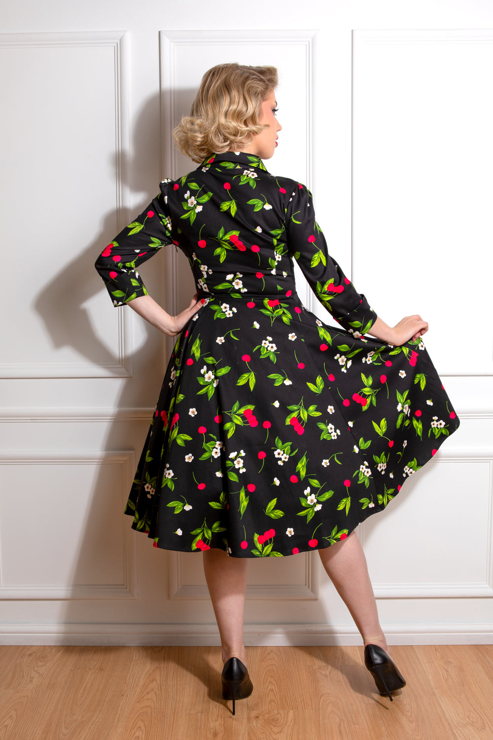 Natasha 1950s Black Cherry Print 3 Quarter Sleeve Swing Dress