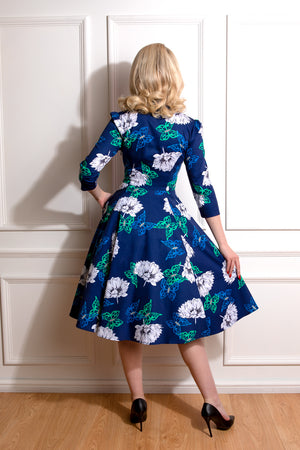 Gloria 1950s 3 Quarter Sleeve Floral Butterfly Diamanté Swing Dress