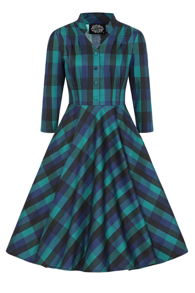 Louisa 1950s Blue Check 3 Quarter Sleeve Swing Dress