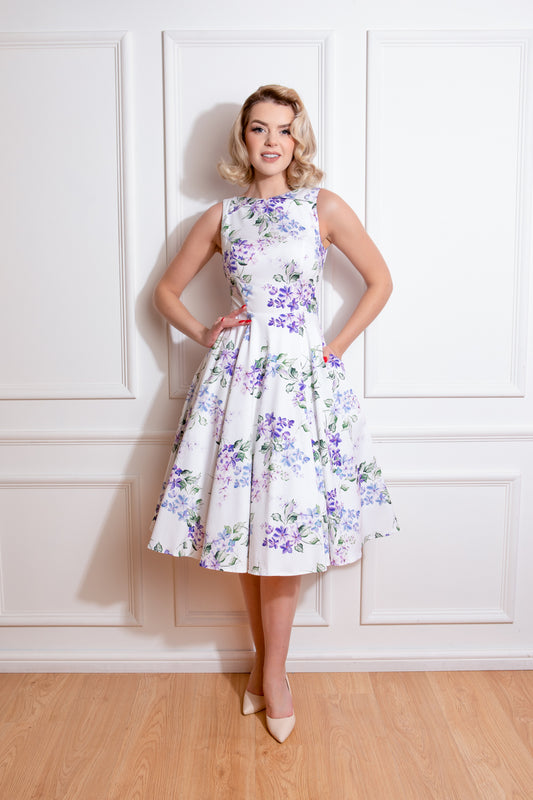 1950's Style Tasha Floral Asymmetric Neck Sleeveless Swing Dress