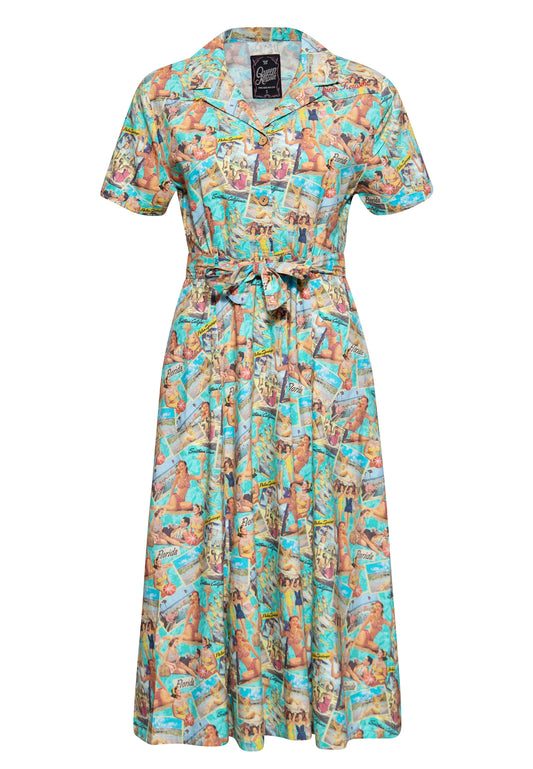 Queen Kerosin Pin Up Vintage Vacation Print Shirt Style Tea Dress