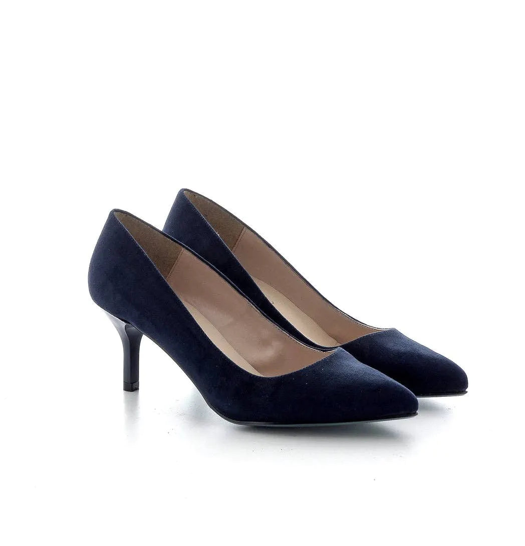1950s Vintage Inspired Low Mid Heel Pumps In Navy Blue Suede