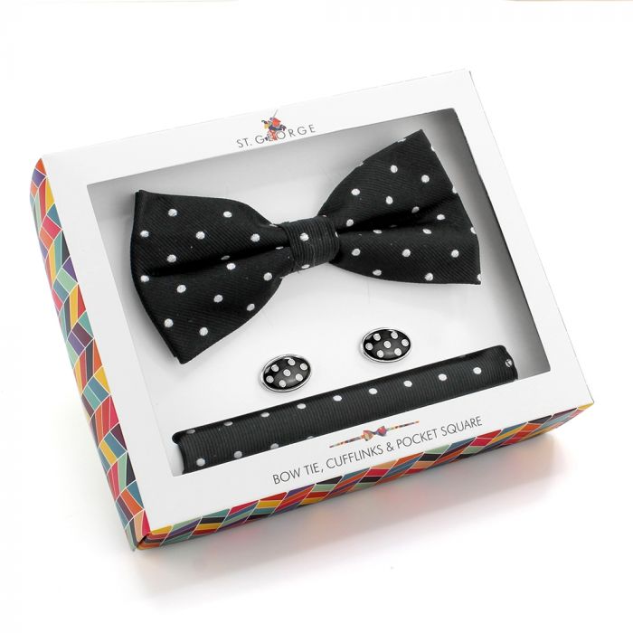 Black Polka Dot Bow Tie Cufflink & Pocket Square Gift Set