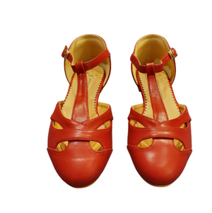 Edith Closed Toe Flat T Bar Shoes In Burgundy Red