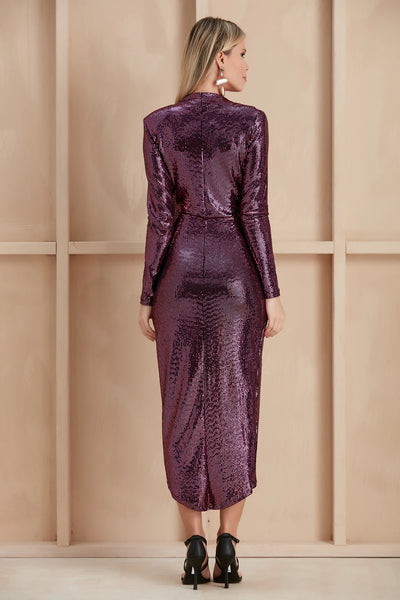 Pink/Purple Sequin Long Sleeve Drape Front Split Femme Fatale Dress