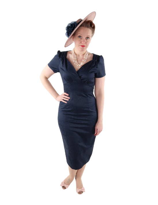 Rebecca Wiggle Dress With Short Sleeves In Blue Jacquard RetroEsque Rebecca Wiggle Dress With Short Sleeves In Blue Jacquard RetroEsque