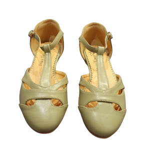Edith Closed Toe Flat T Bar Shoes In Light Khaki Green