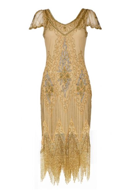 Annette 1920s Fringe Flapper Dress In Gold Beige Size 18 RetroEsque Annette 1920s Fringe Flapper Dress In Gold Beige Size 18 RetroEsque
