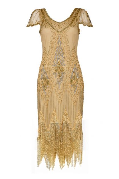 Annette 1920s Fringe Flapper Dress In Gold Beige