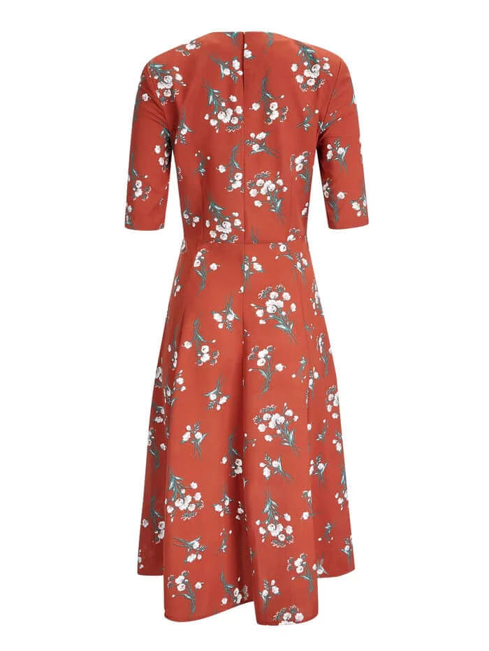 1940s Replica Russet Floral Tribute Square Neck Dress With Sleeves