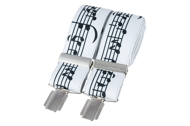 White Black Music Notes 35mm Silver Clip Men's Braces