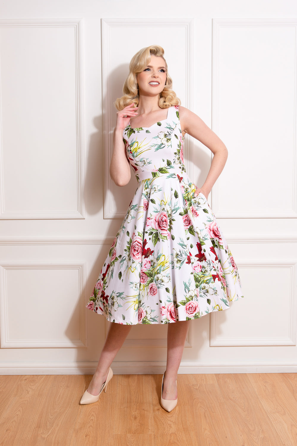 H&R London 50's Carole Rose Floral Sleeveless Swing Dress