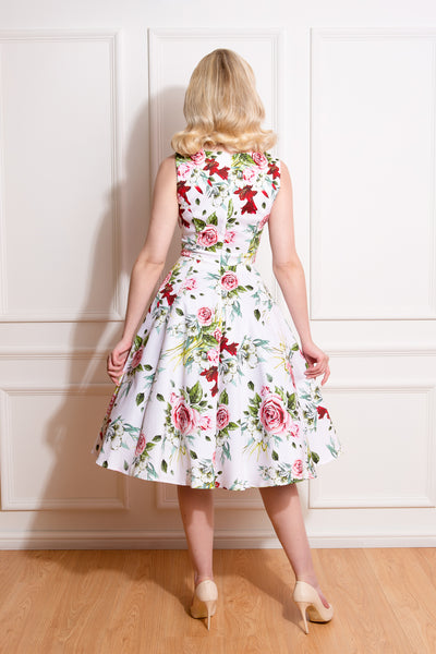 H&R London 50's Carole Rose Floral Sleeveless Swing Dress