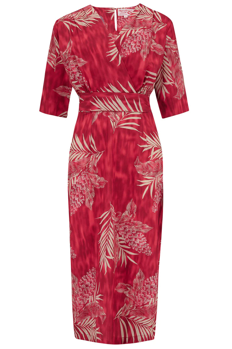 Evelyn Late 40s Early 50s Wiggle Dress In Ruby Red Palm Print