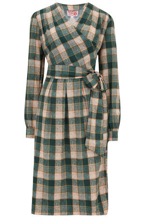 RocknRomance Evie Long Sleeve Wrap Green Check Tea Dress