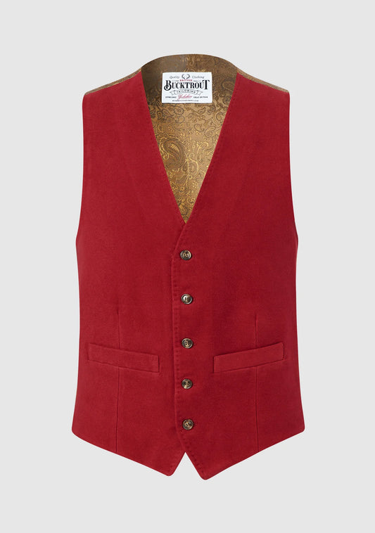 Vintage Inspired Men's Moleskin Waistcoat In Maroon Red