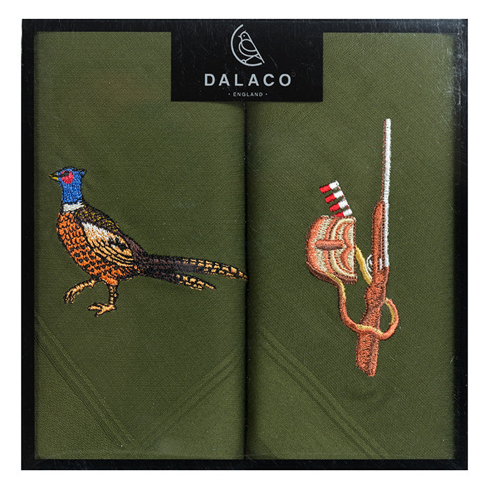 Pair Of Embroidered Green Handkerchiefs With Pheasant & Gun