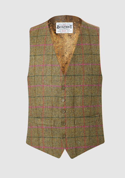 Iain Mens Waistcoat In Green & Pink Yorkshire Tweed