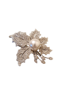 1920s Inspired Silver Crystal Leaf & Pearl Hair Clip Brooch