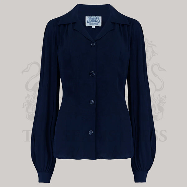 Seamstress Of Bloomsbury 1940s Inspired Poppy Blouse In Navy Blue
