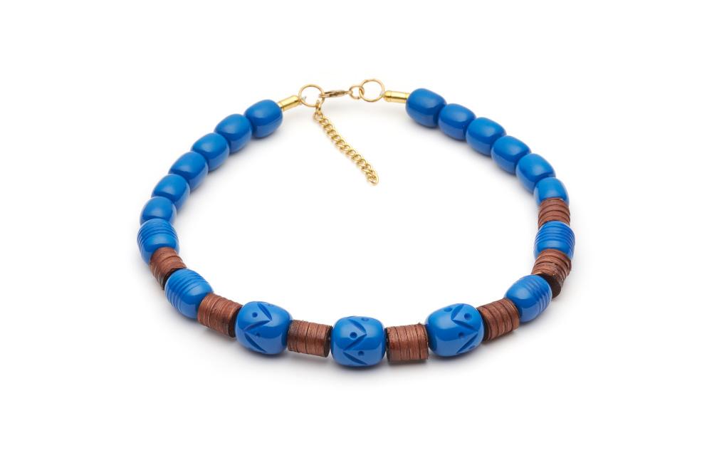 Splendette Pacific Blue Medium Cane Carved Fakelite Bead Necklace