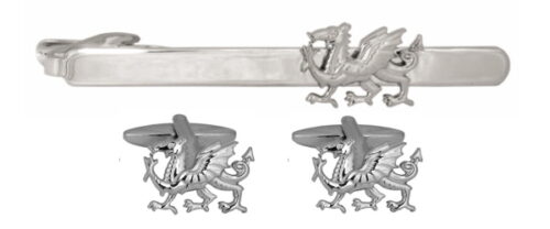 Rhodium Plated Welsh Dragon Inspired Cufflink & Tie Slide Set