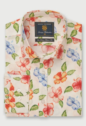 Blue, Rose & Peach Hibiscus Tropical Print Cotton Long Sleeve Shirt