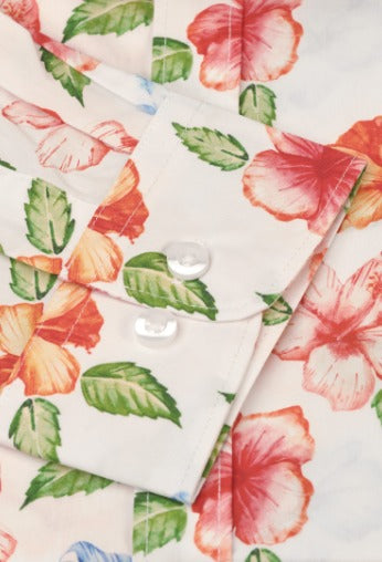 Blue, Rose & Peach Hibiscus Tropical Print Cotton Long Sleeve Shirt