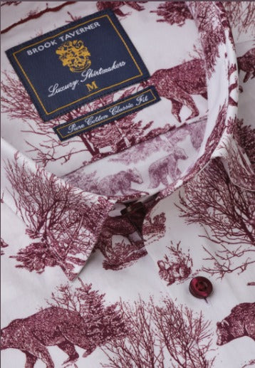Wine Woodland Bear Print Cotton Long Sleeve Shirt