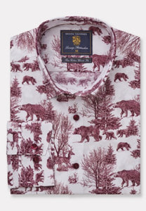 Wine Woodland Bear Print Cotton Long Sleeve Shirt