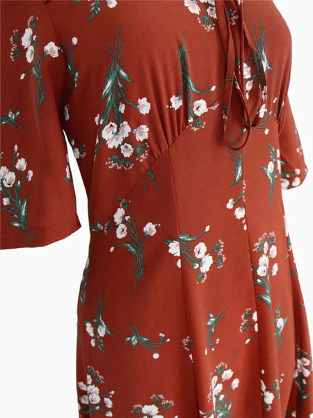 1940s Replica Russet Floral Tribute Square Neck Dress With Sleeves