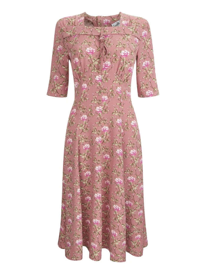 1940s Replica Pink Floral Tribute Square Neck Dress With Sleeves