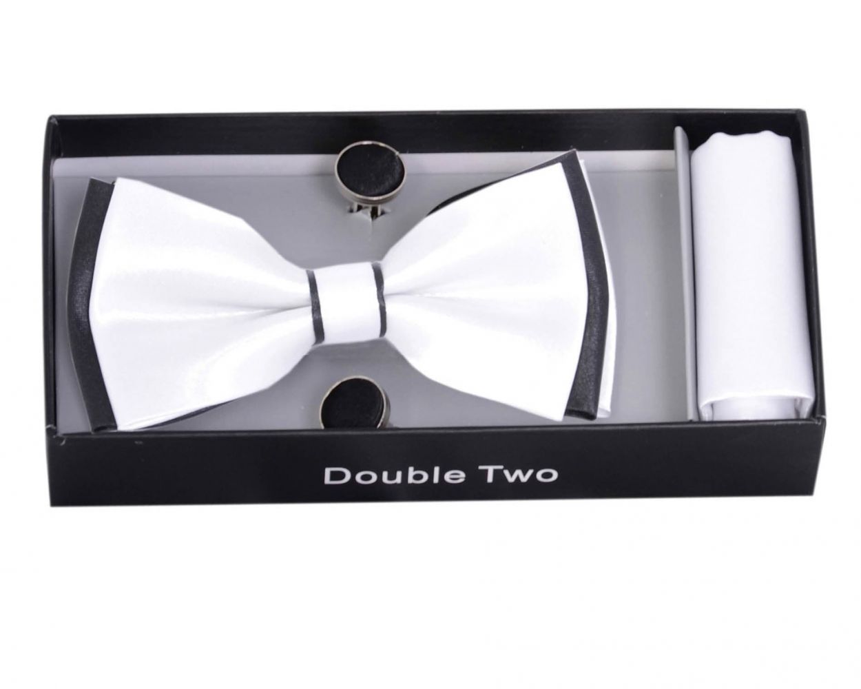 White & Black Bow Tie, Handkerchief & Cufflink Set