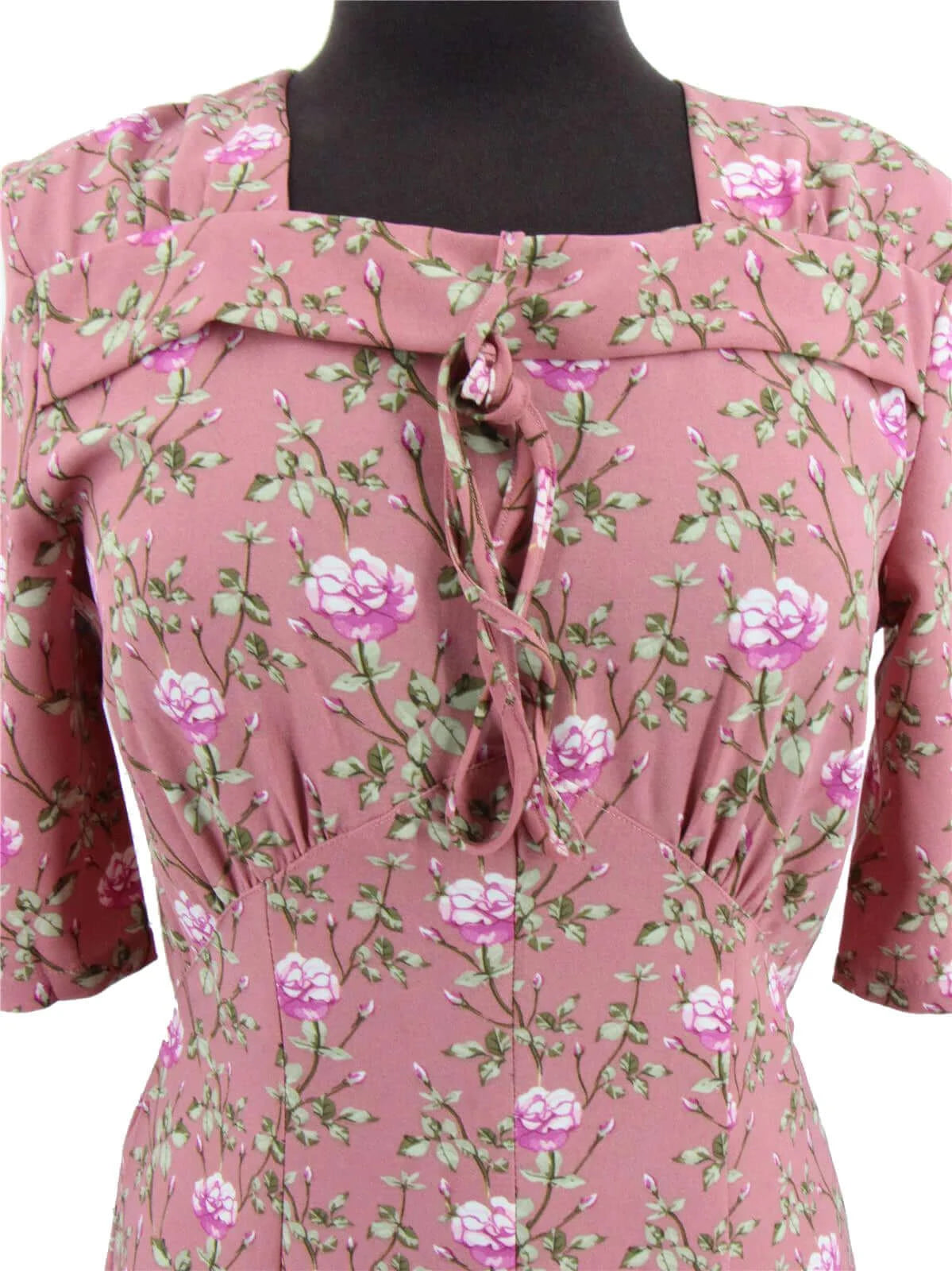 1940s Replica Pink Floral Tribute Square Neck Dress With Sleeves