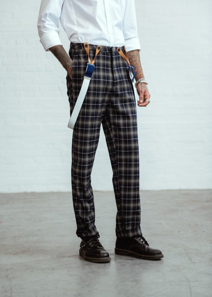Chuck Green Check Turn Up Swing Trousers With Brace Buttons