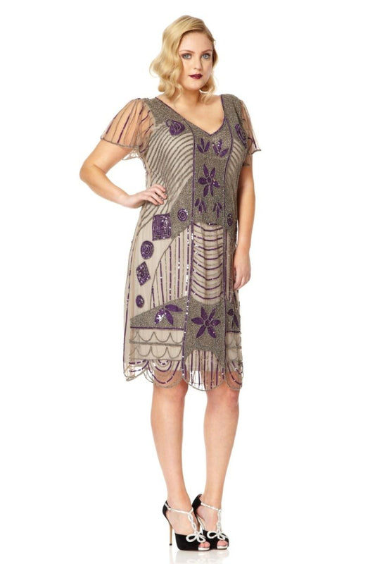 Daisy 1920s Flapper Dress In Taupe & Purple Size 10