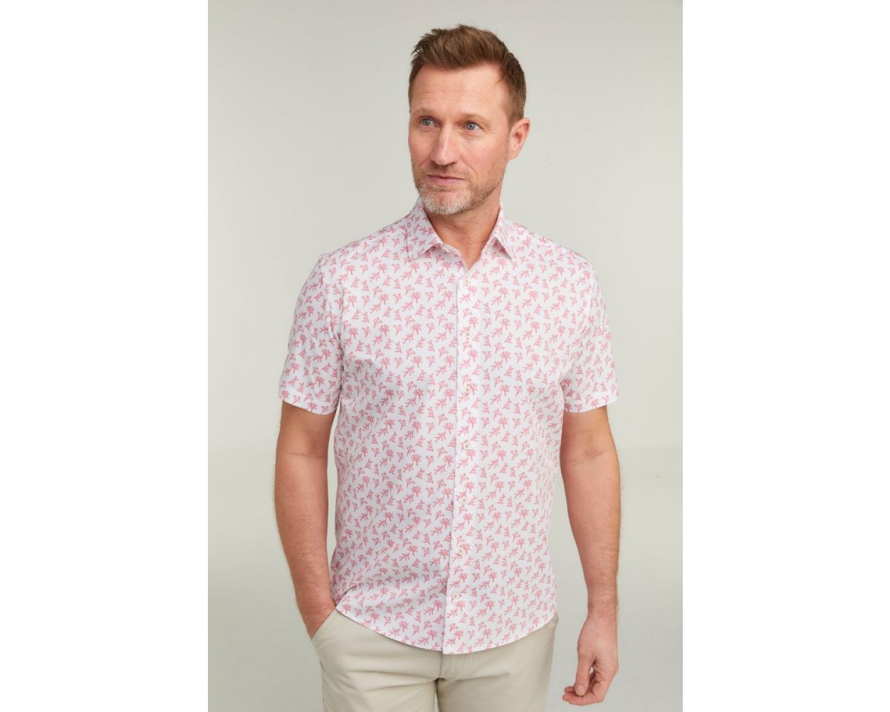 Men's Red & White Coral Print Cotton Short Sleeve Shirt