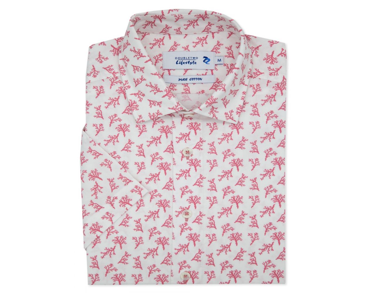 Men's Red & White Coral Print Cotton Short Sleeve Shirt