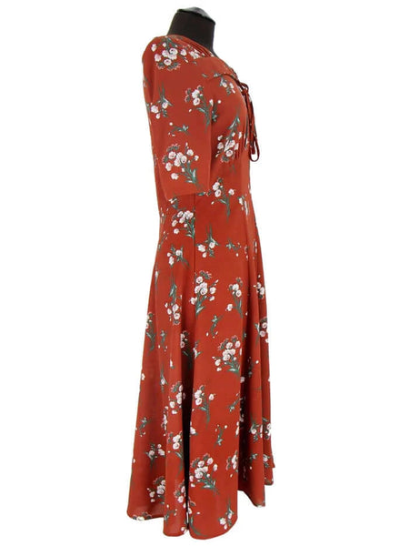 1940s Replica Russet Floral Tribute Square Neck Dress With Sleeves
