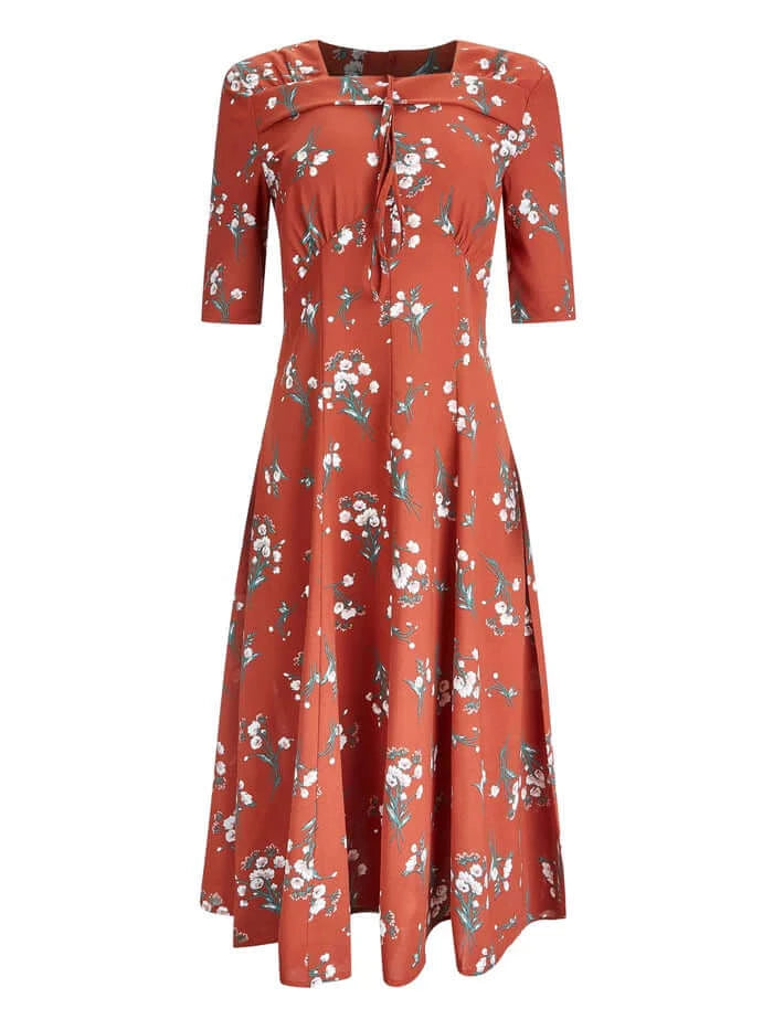 1940s Replica Russet Floral Tribute Square Neck Dress With Sleeves