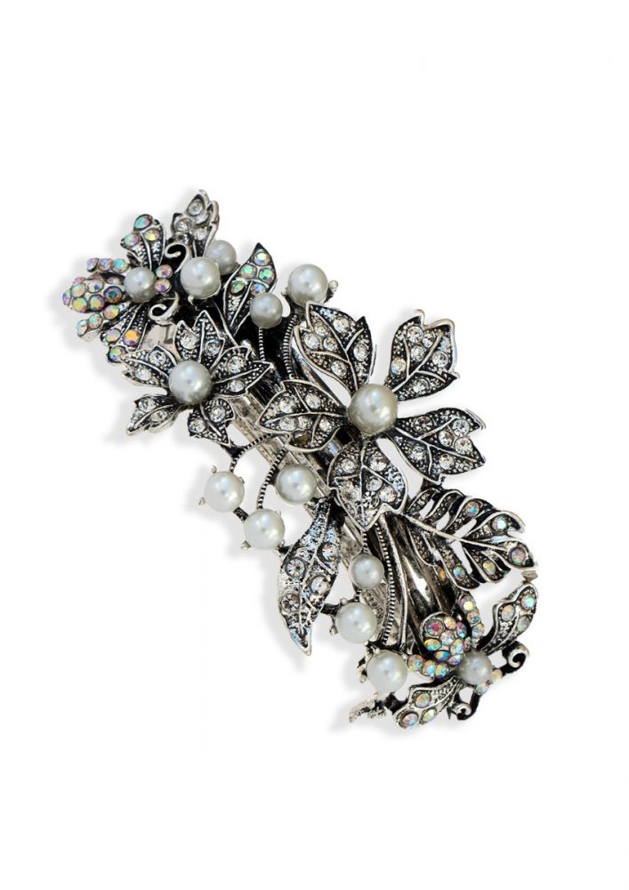 Silver Lilies Pearl & Crystal Hair Barrette